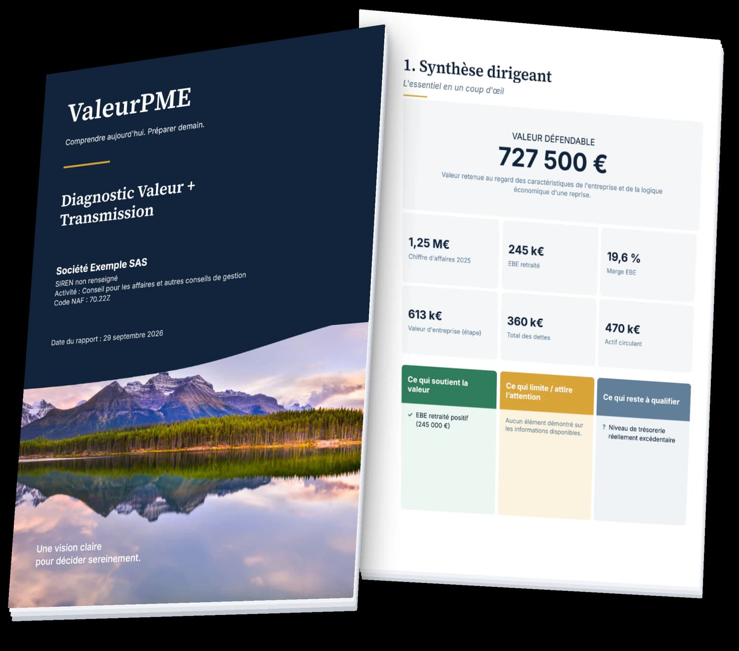 Pages d'un exemple de rapport ValeurPME Diagnostic Valeur + Transmission (société fictive) : la couverture, la synthèse avec la valeur défendable de 727 500 € et la performance financière.