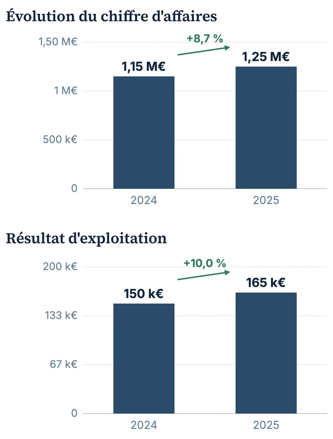 Page Performance financière d'un exemple de rapport. Chiffre d'affaires : 1,15 M€ en 2024, 1,25 M€ en 2025 (+8,7 %). Résultat d'exploitation : 150 k€ puis 165 k€ (+10,0 %).