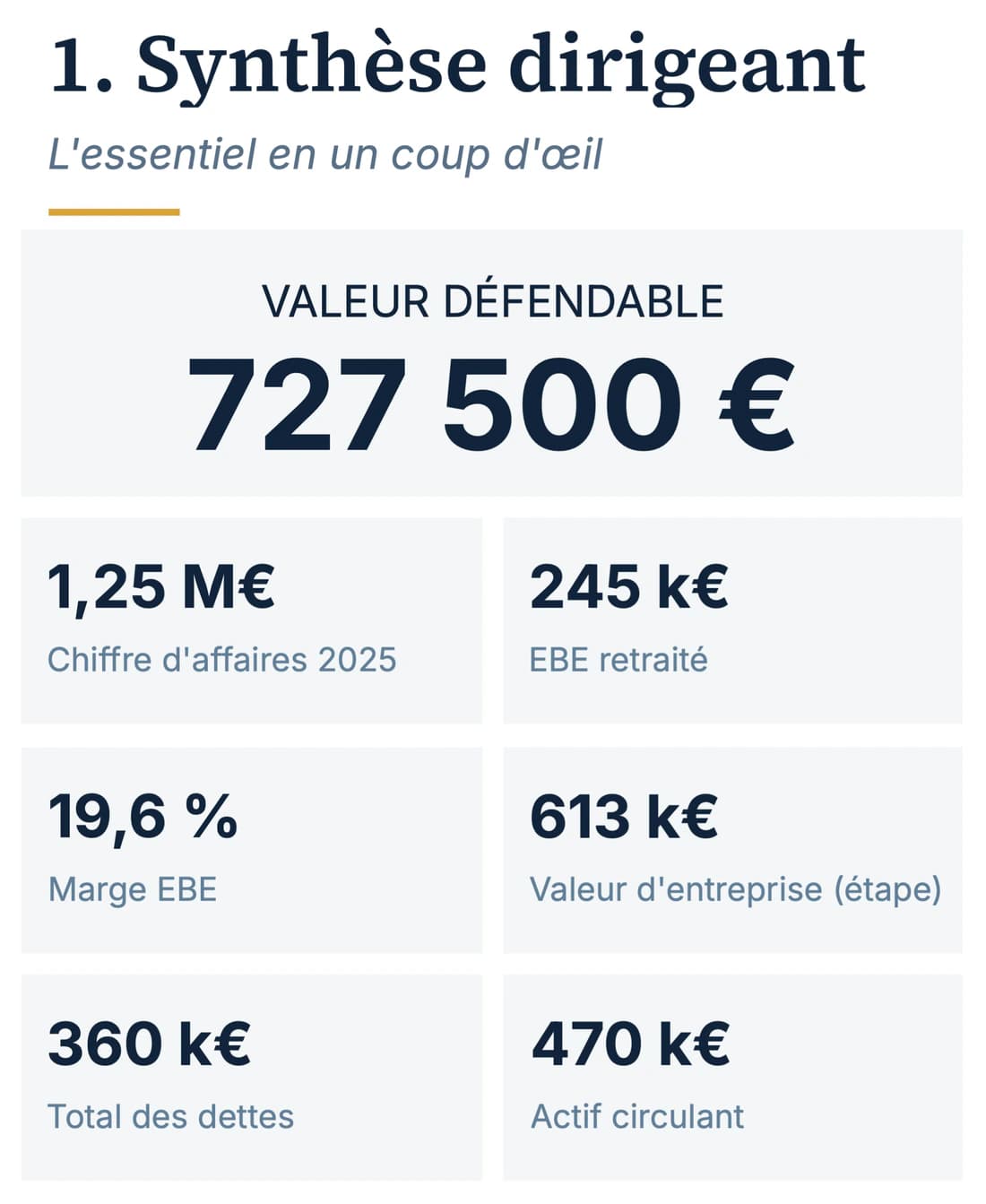 Page Synthèse dirigeant d'un exemple de rapport. Valeur défendable : 727 500 €. Chiffre d'affaires 2025 : 1,25 M€ ; EBE retraité : 245 k€ ; marge EBE : 19,6 %.